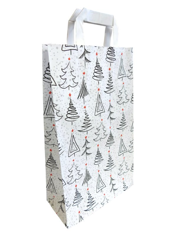 Popierinis_Kaledinis_maiselis-juodi_medeliai Kalėdiniai dovanų maišeliai 220 x 100 x 360 mm MIDI balti, spaudas "Juodi medeliai", 50 vnt.